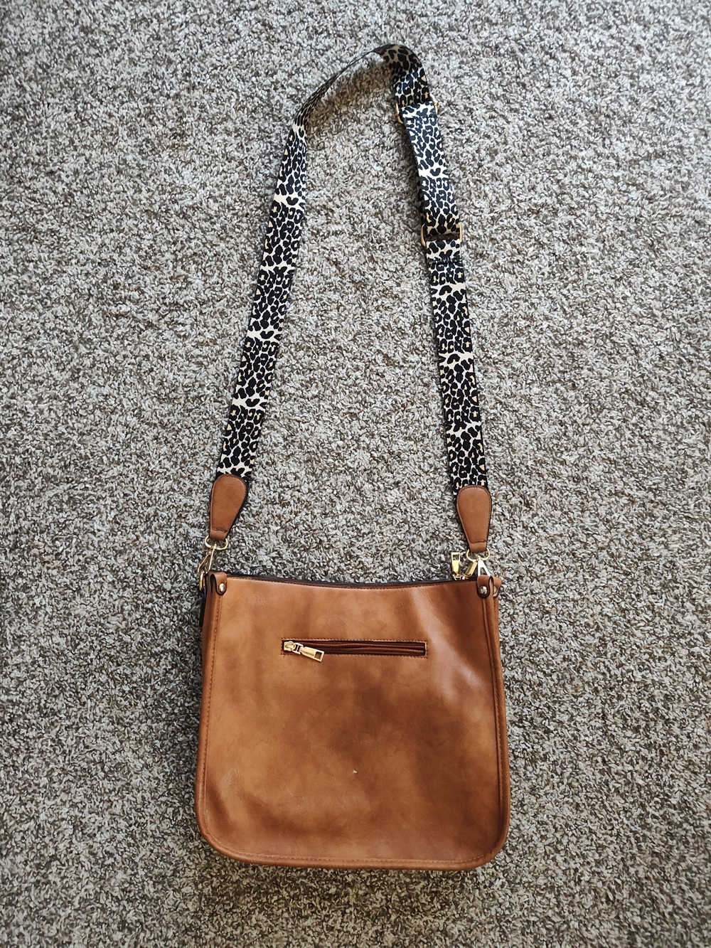 Leather Crossbody Bag with Leopard Print Strap - Tan